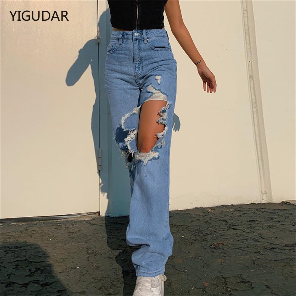 Vintage Baggy Ripped Jeans Women Fashion 90s Loose Wide Leg High Waist Straight Pants Y2k Washed Blue Denim Trousers Streetwear